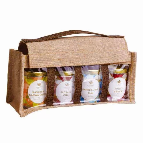 GOODWYN ECO JUTE TEA GIFT BAG, TRADITIONAL INDIAN FLAVORS: RHINO ASSAM, KASHMIRI KAHWA GREEN TEA & D