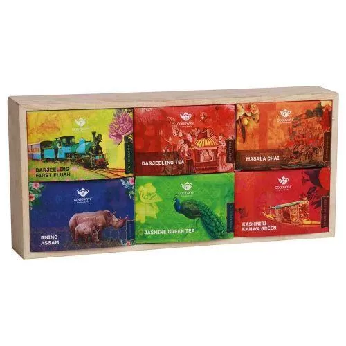 GOODWYN ESTEEMED INDIAN TEA, CUBE GIFT BOX (RHINO ASSAM, MASALA CHAI, DARJEELING, JASMINE GREEN, DAR