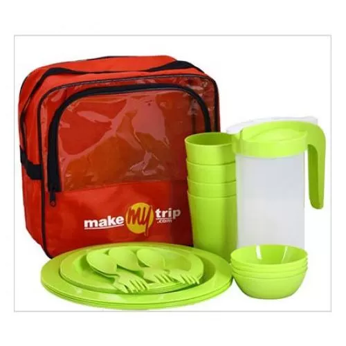 Traveling Bag Set (4 Big Plates, 4 Quarter Plates, 4 Glasses, 4 Katori, 1 Ltr. Jug and 4 Sporks) UD 