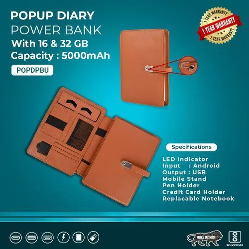 Unique Popup Power Bank Diary POPDPB5000mAh-16GB