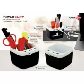 POWERGLOW USB HUB WITH TUMBLER AND LOGO HIGHLIGHT, 3 USB PORTS C105